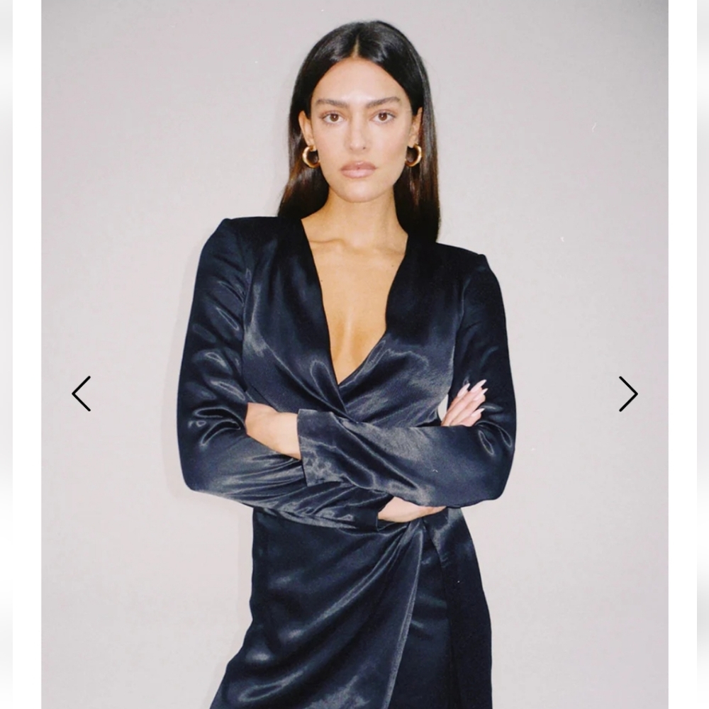 WeWoreWhat Low Cut Satin Wrap Dress Black Small